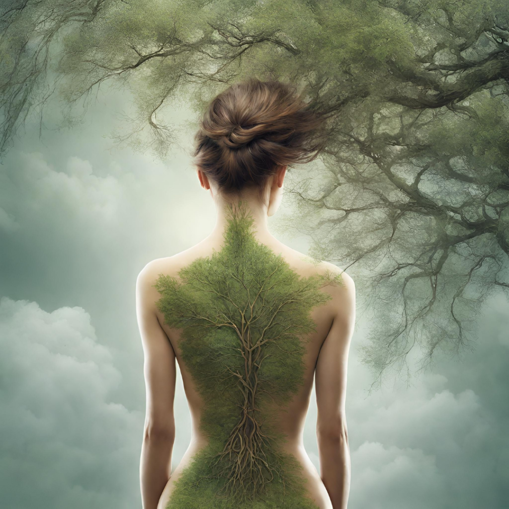 Woman integrated with nature, in the picture viewed from behind showing her back